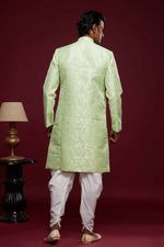 Thumbnail for Raivat Ethnic Banarasi Jacquard Embroidery Semi Indo Western Sherwani In Pista Green Colour