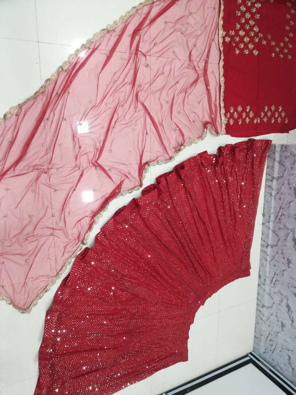 Jyoti Fashion Gorgeous Gajri Red 5MM Ton To Ton Red Thread Embroidery Faux Georgette Lehenga Choli with Dupatta - Distacart