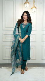 Thumbnail for Preksha Creation Premium Roman Silk Hand Work Kurti Pant Dupatta Set