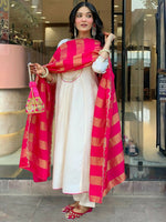 Thumbnail for The52 White Women's Gorgeous Embroidered Work Chanderi Fabric Flared Kurta Pant and Dupatta Set - Distacart