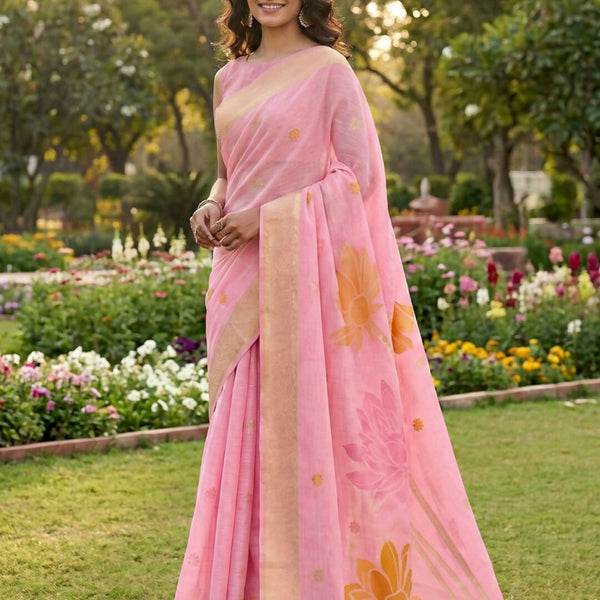 Shree Shyam Fashion Pink Linen Cotton Saree - Distacart