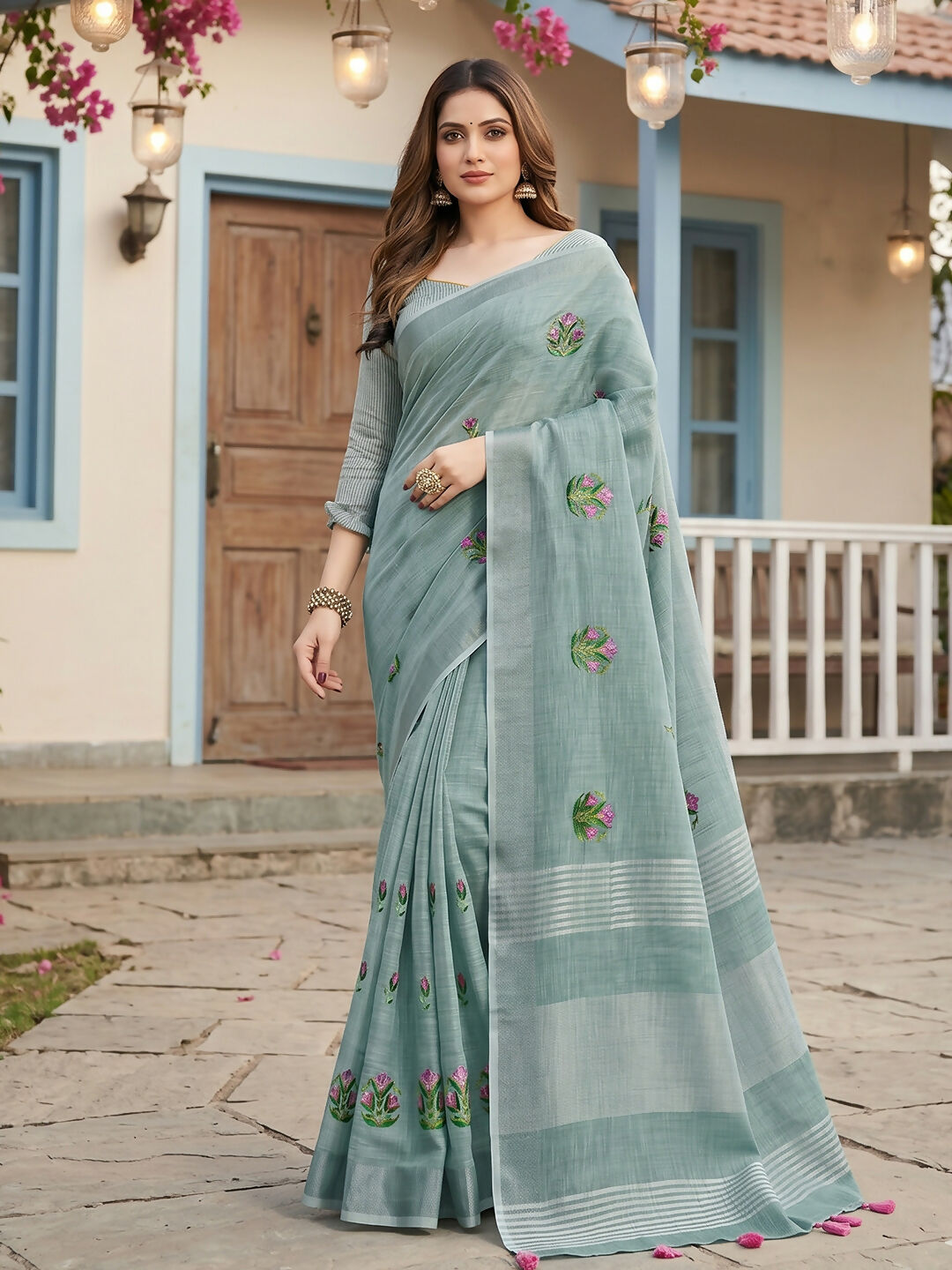 Shree Shyam Fashion Sea Green Linen Saree - Dista