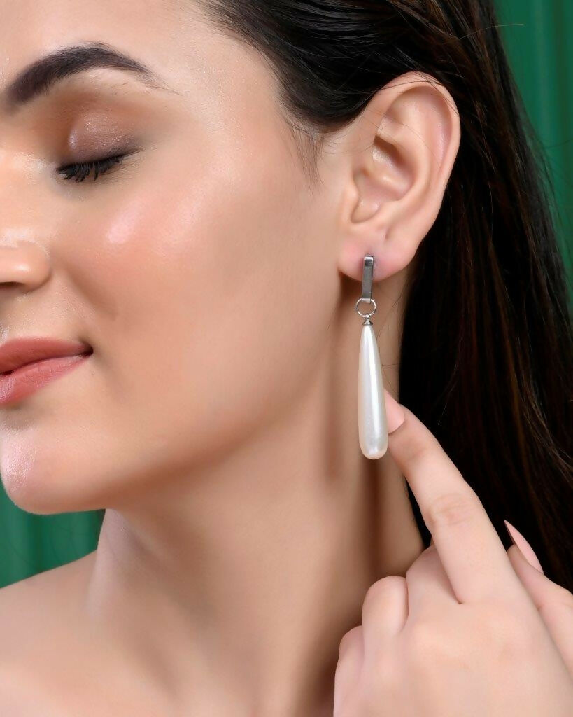 VOJ Set Of 2 Korean Drop Earrings - Gold Plated and Silver Plated With White Pearl - Distacart