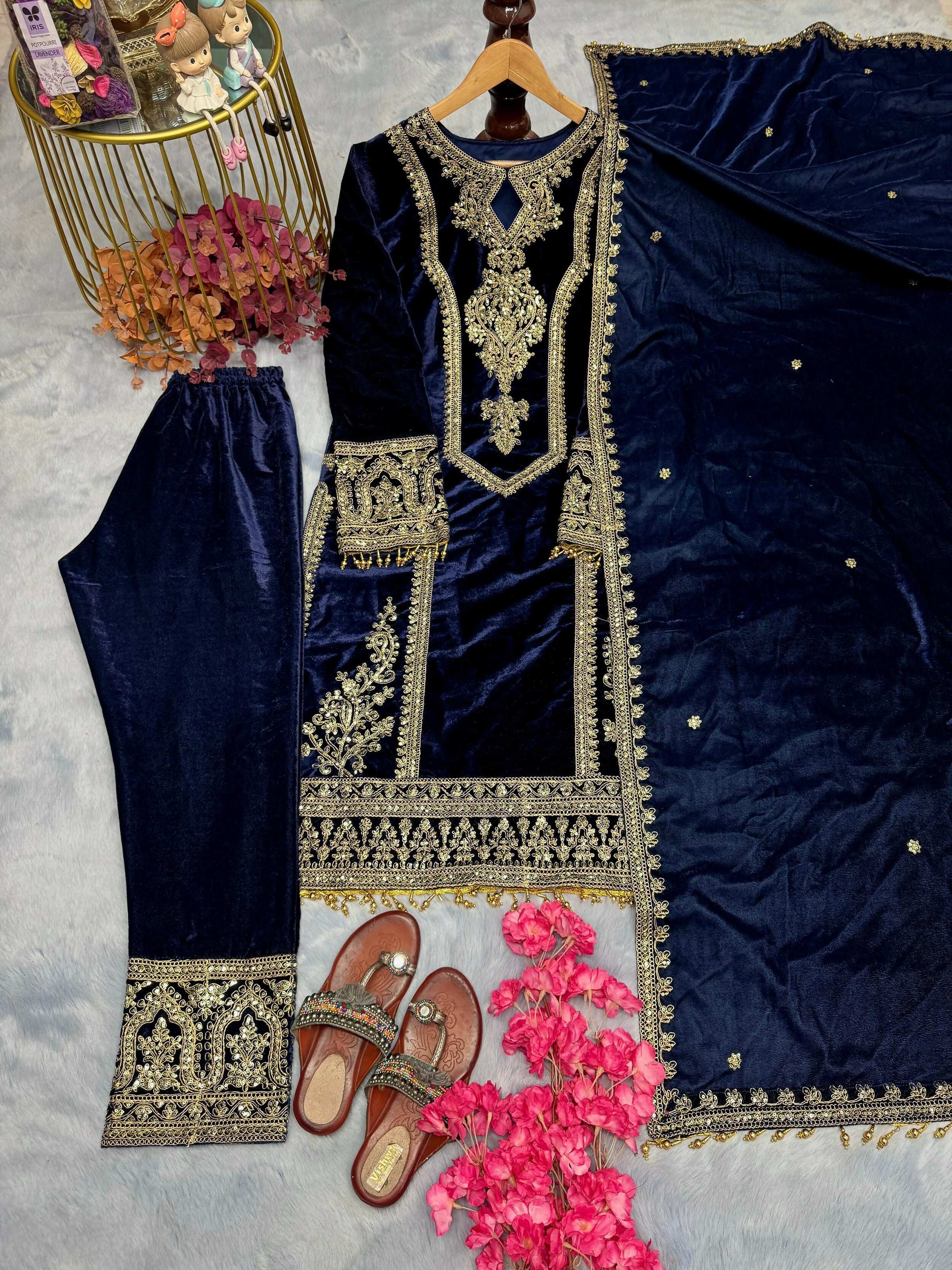 Teeya Creation Blue Color Velvet Fabric Designer Embroidery Work Suit