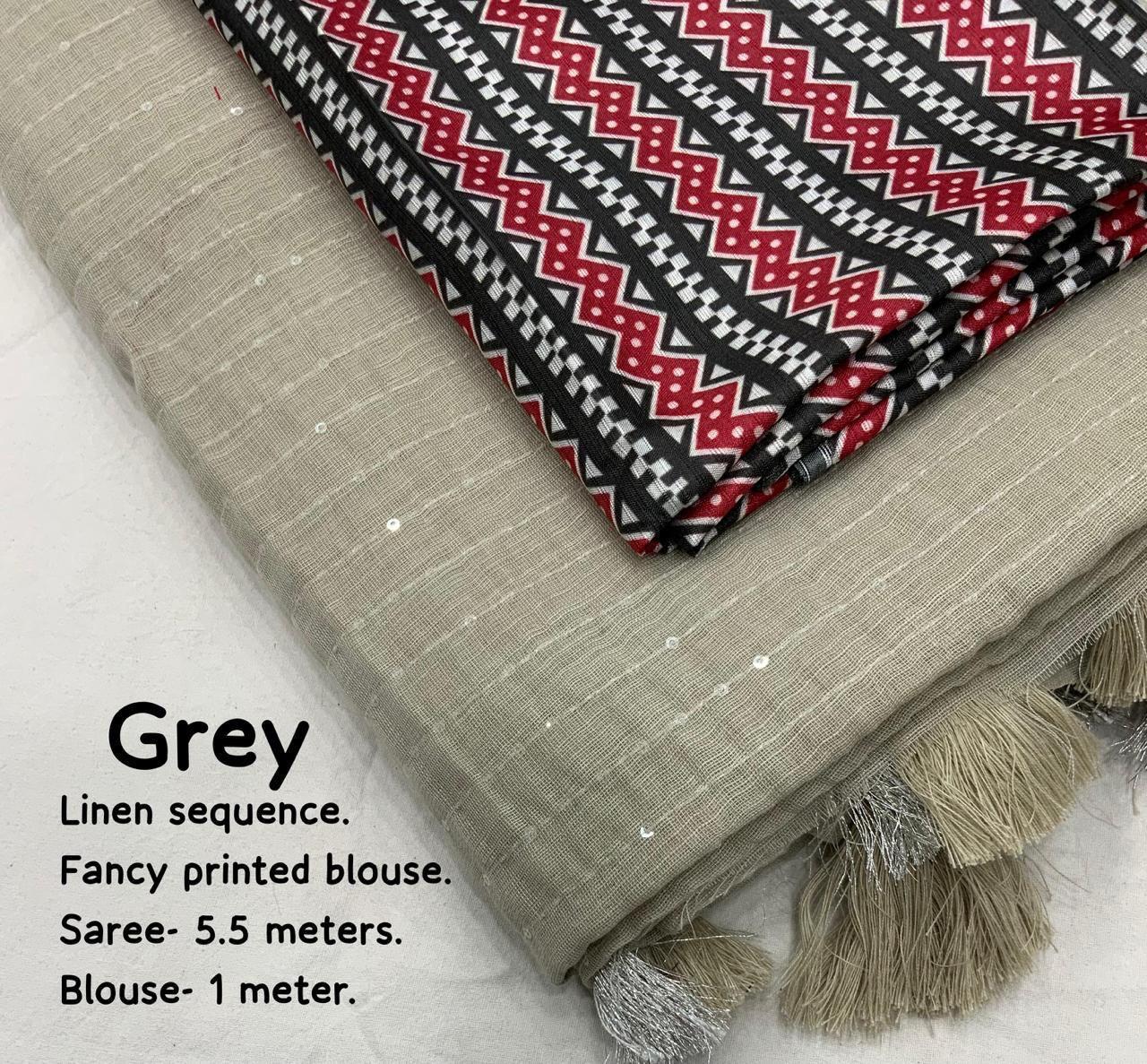 Grey Linen Sequence Saree with Unstitched Blouse - Hiral Fashion - Distacart