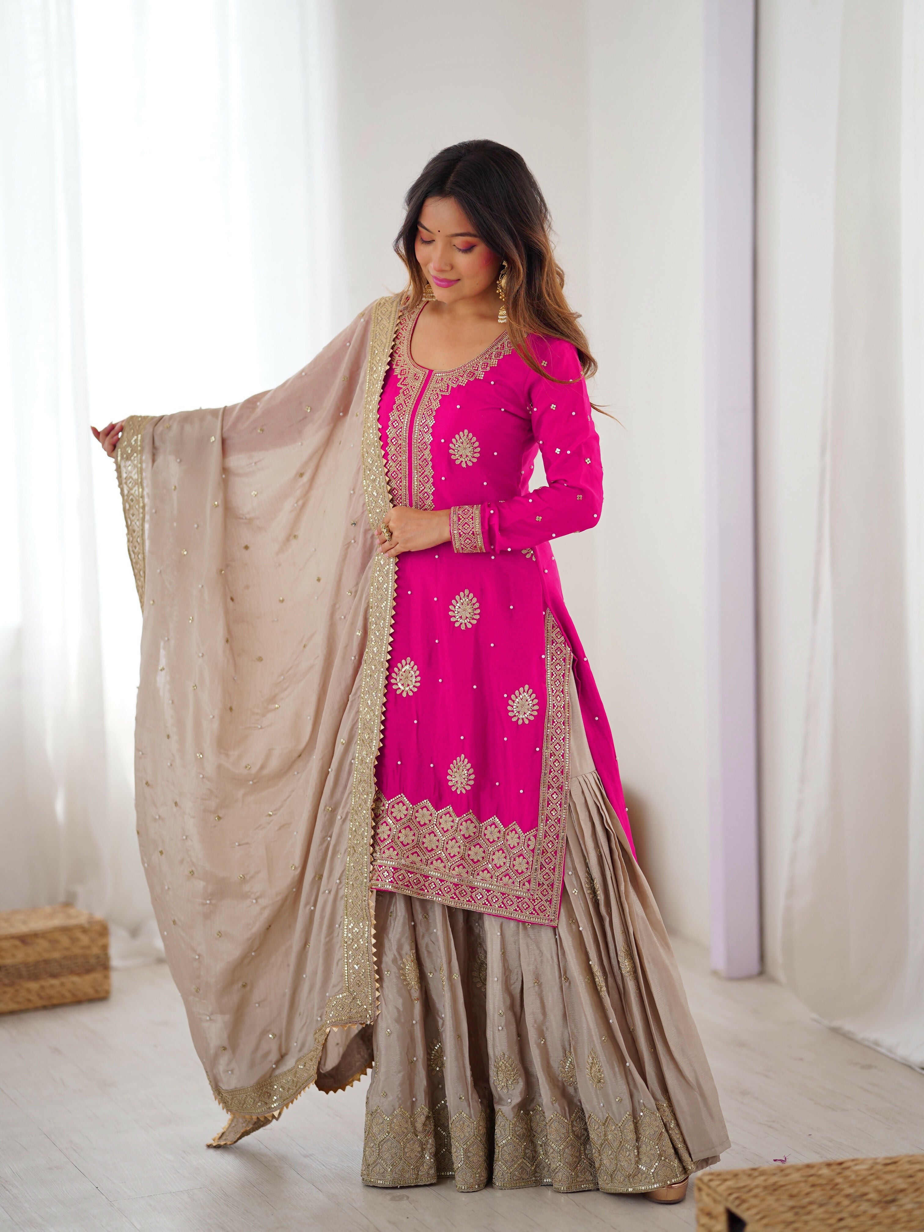 Lehenga Mart Designer Sharara Suit With Kurta, Sharara, Dupatta For Women-Pink - Distacart