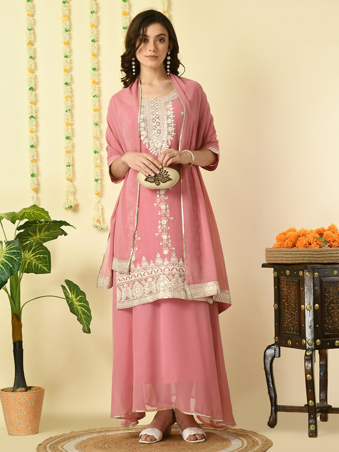 Myshka Women's Pink Georgette Kurta & Skirt With Dupatta Party Sets - Distacart