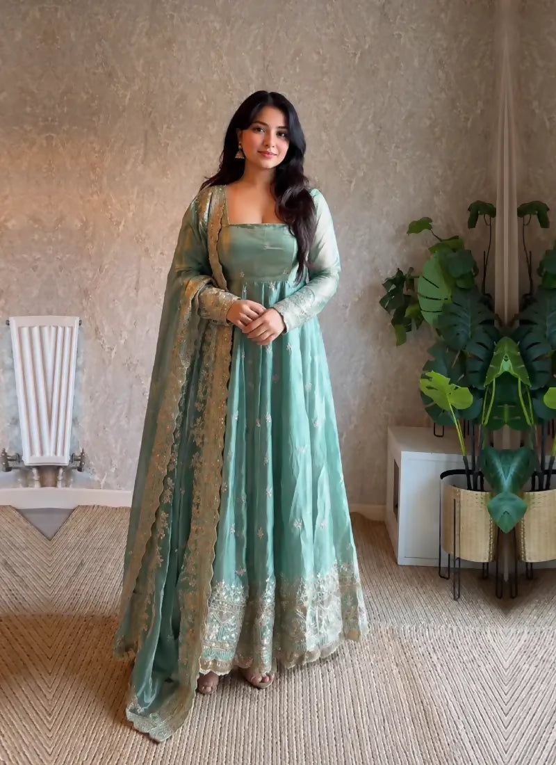 Jihu Culture Women's Sky Blue Zari Sequence Embroidery Work Anarkali Gown With Dupatta - Dista