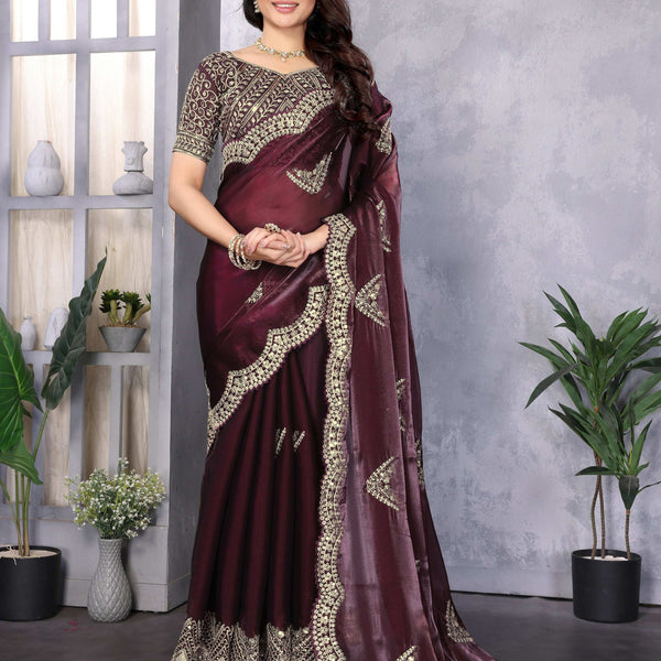 Vastranavya Wine Embroidery Work Shimmer Chiffon Saree with Unstitched Blouse