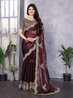 Thumbnail for Vastranavya Wine Embroidery Work Shimmer Chiffon Saree with Unstitched Blouse