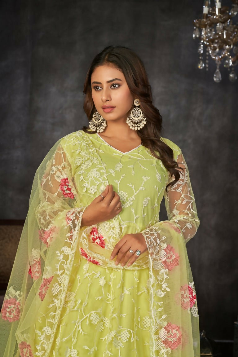 Jyoti Fashion Women's Pista Net Embroidered Anarkali Kurta Pant Set With Dupatta - Distacart