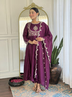 Thumbnail for The52 Purple Women's Gorgeous Embroidered Vichitra Silk Fabric Flared Kurta Pant with Dupatta Set - Distacart