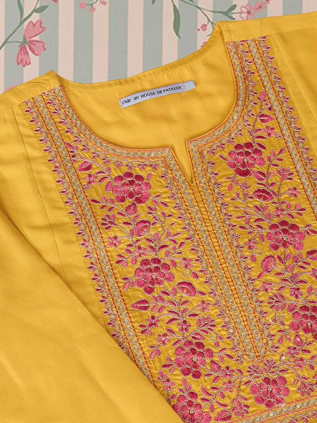 Ode by House of Pataudi Floral Embroidered A Line Kurta with Trousers & With Dupatta - Distacart