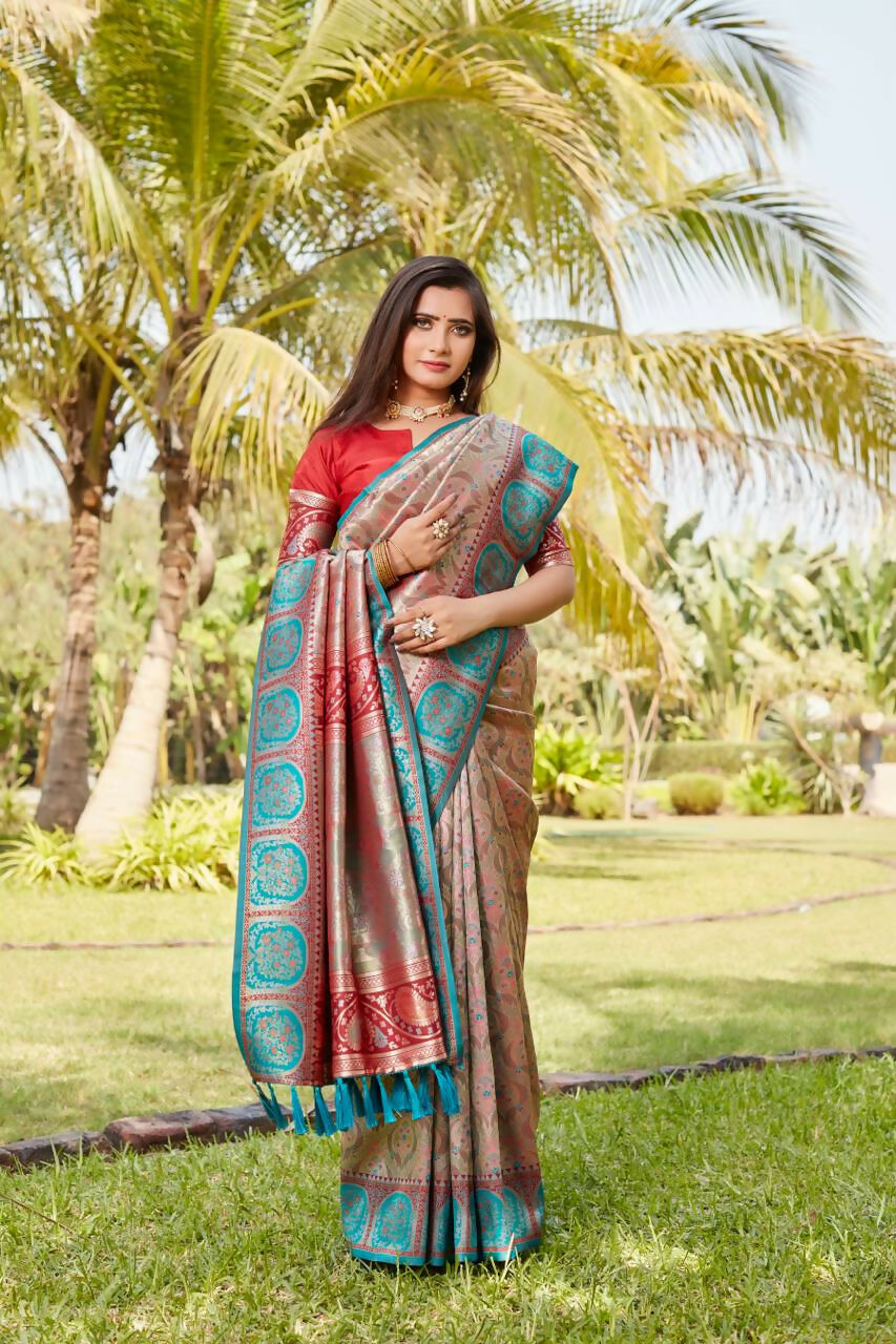 Vastranavya Boutique Collection Kanjivaram Soft Silk Saree With Unstitched Blouse - Peach - Distacart