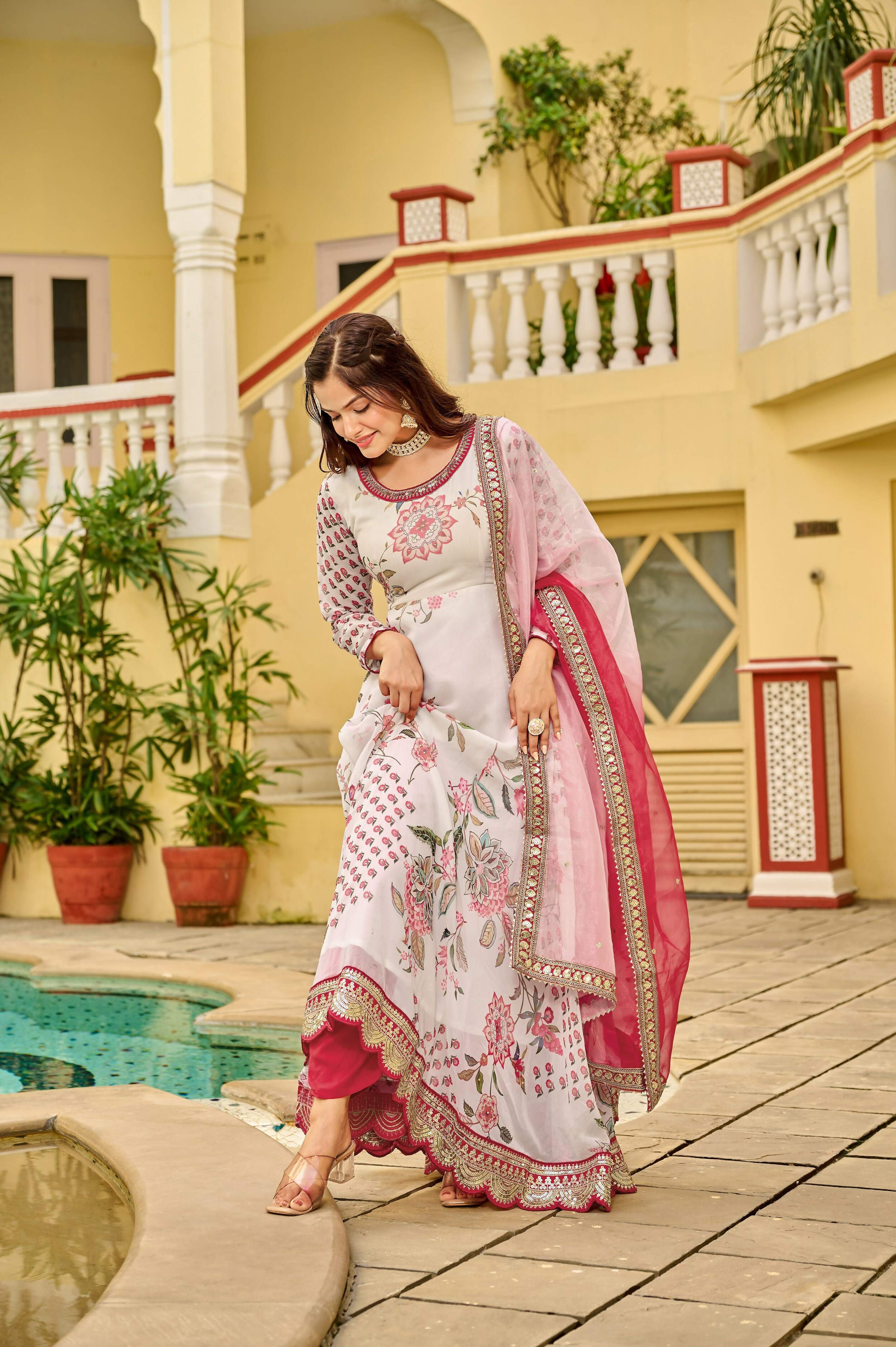 Joban Fashion Pink & White Georgette Embroidery Sequence Work Readymade Kurta Set - Distacart