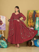 Thumbnail for Jyoti Fashion Women's Maroon Georgette Embroidered Anarkali Kurta Pant Set With Dupatta - Distacart