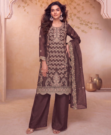KC Heavy Embroidery Worked Two Ton Moss Silk Purple Suit For Women - Dista