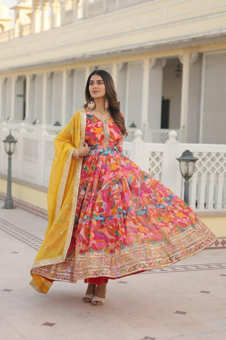 Jyoti Fashion Women's Pink Russian Silk Sequins Zari Embroideredy Anarkali Dress with Dupatta - Distacart