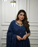 Thumbnail for The52 Blue Women's Gorgeous Viscose Fabric Embroidered Work Flared Kurta Pant and Dupatta Set - Distacart