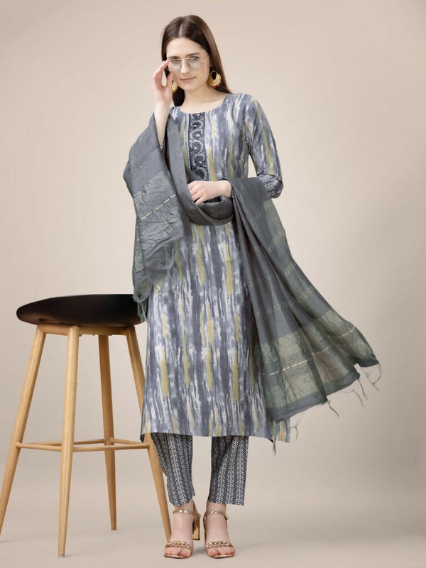 Jyoti Fashion Women's Grey Rayon Print with Embroidery & Fancy Lace Work Kurta with Trouser & Dupatta - Distacart