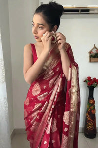 Thumbnail for Malishka Cotton Silk Jacquard Ready To Wear Saree With Blouse Piece - Red - Distacart