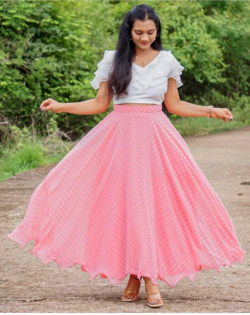 Dishitha Creation Printed Stitched Lehenga & Crop Top - White & Pink - Distacart