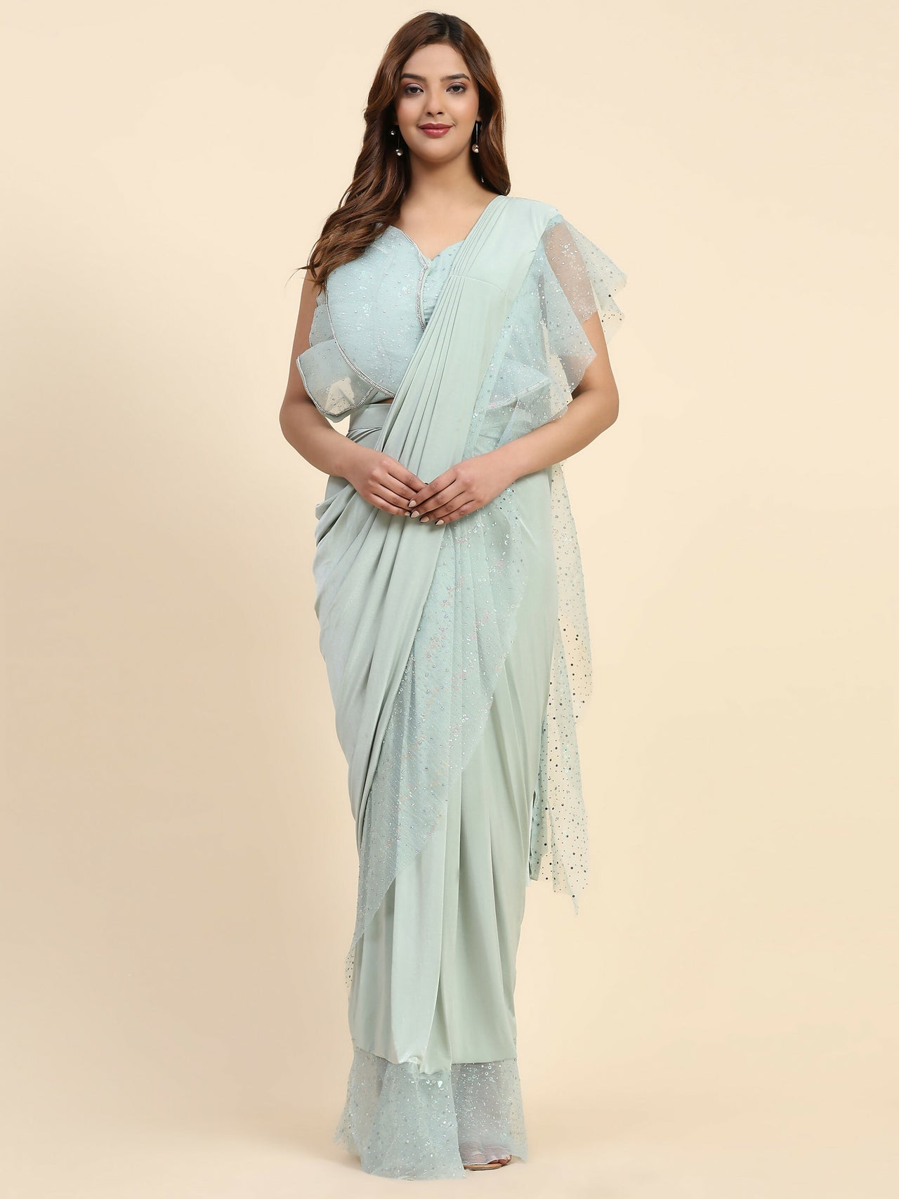 Light Blue Lycra Solid Ready to Wear Saree with stitched Blouse - Nita - Distacart