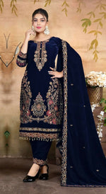 Thumbnail for Anaita Navy Blue Velvet Suit With Embroidery & Zarkan Work - Distacart