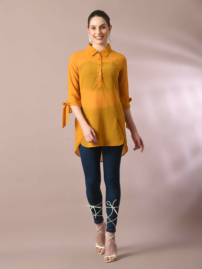 Myshka Women's Yellow Solid Georgette Longline Party Sheer Tunic - Distacart