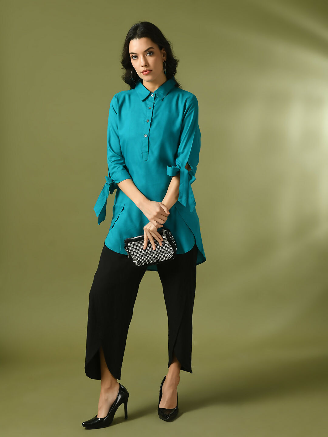 Myshka Women's Turquoise Blue Solid Cotton Longline Party Sheer Tunic - Distacart