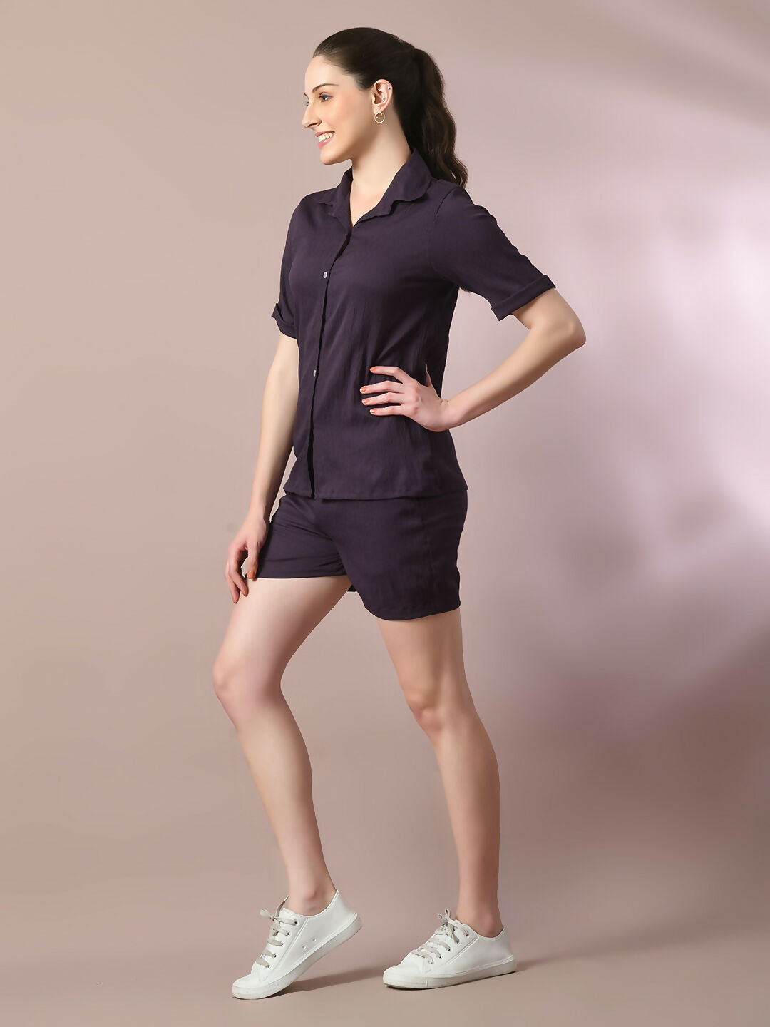 Myshka Women's Violet Solid Shirt Collar Party Shirt With Shorts Co-ord set - Distacart