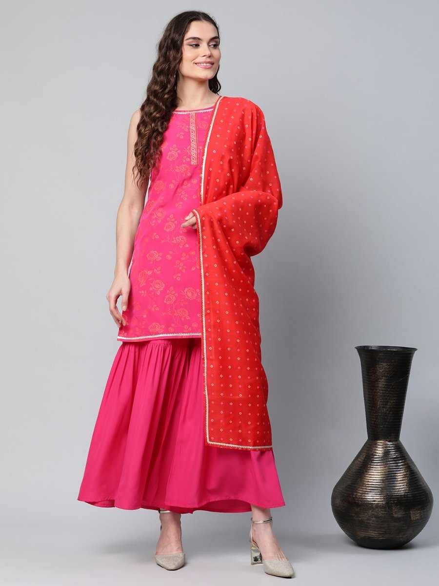 Ahalyaa Pink Crepe Orange khari Print Kurta Sharara Set With Dupatta - Distacart