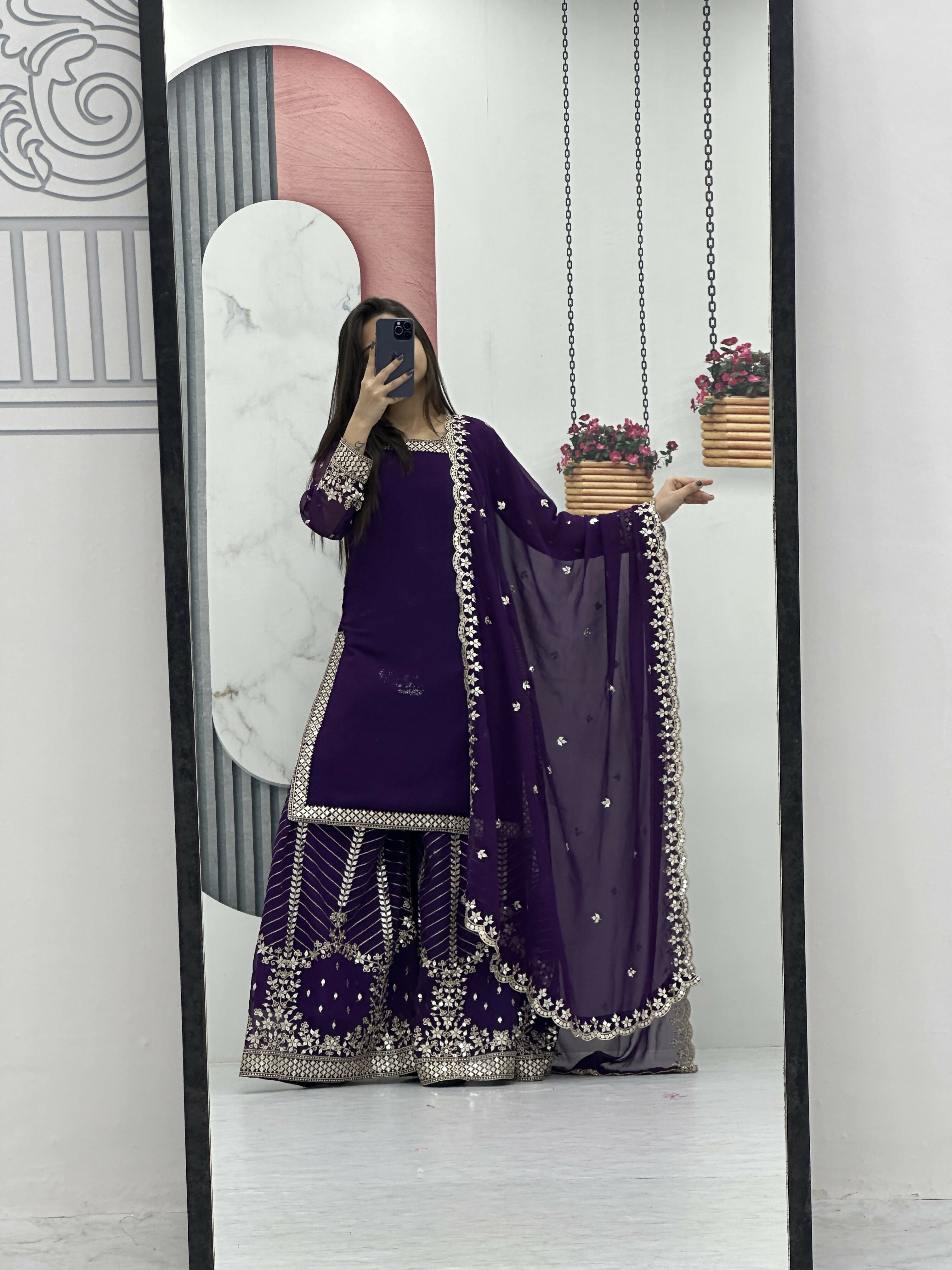 Teeya Creation Womens New Heavy Fox Georgette Fabric With Heavy Embroidery Work Purple Kurta Set - Dista