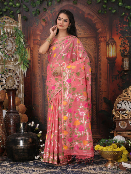 Shree Shyam Fashion Linen Cotton Pink Saree - Distacart