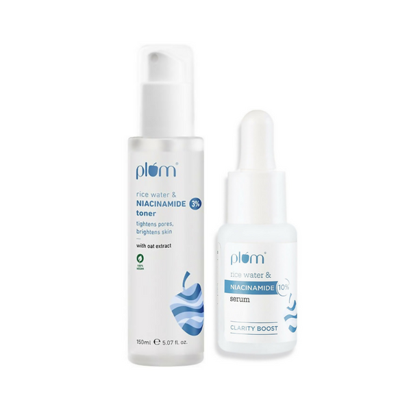 Plum 3% Niacinamide Alcohol-Free Toner With Rice Water and 10% Niacinamide Brightening Face Serum Combo - Distacart