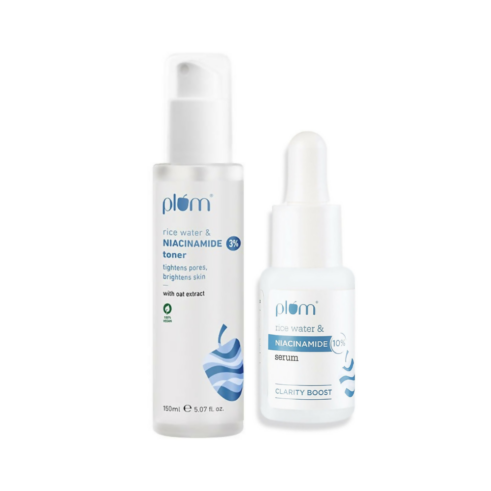 Plum 3% Niacinamide Alcohol-Free Toner With Rice Water and 10% Niacinamide Brightening Face Serum Combo - Distacart