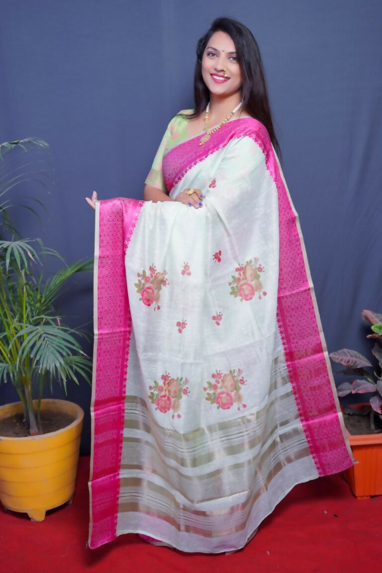 Jyoti Fashion Women's Magenta Linen Silk Digital Print with Jacquard Woven Border Saree with Blouse - Distacart