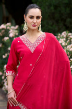 Thumbnail for The52 Red Women's Gorgeous Embroidered Rayon Slub Fabric Straight Kurta Pant with Dupatta Set - Distacart
