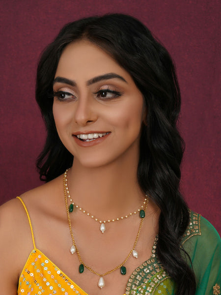 Layered Pearl and Gold Neckpiece with Emeralds (Gold) - Ruby Raang - Distacart