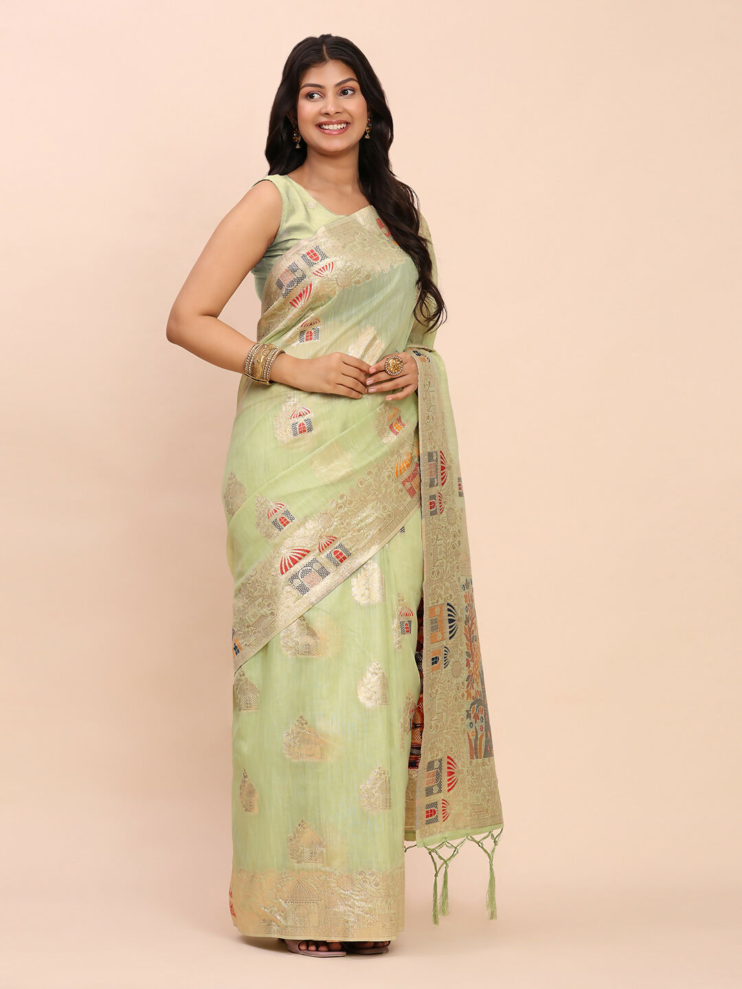 Astita Linen Cotton Light Green Saree