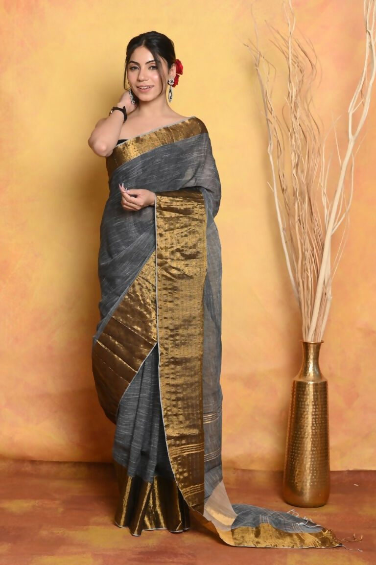 Very Much Indian Handloom Pure Cotton Linen Saree With Golden Border - Grey Gold - Distacart