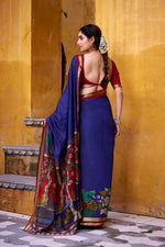 Thumbnail for Vastranavya Blue Viscose Chanderi Kalamkari Print with Zari Working Saree & Unstitched Blouse - Distacart