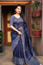 Thumbnail for Blue Pure Chanderi Hand Block Saree with Unstitched Blouse - Hiral Fashion - Distacart