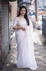 Thumbnail for White Organza Thread Saree with Unstitched Blouse - Hiral Fashion - Distacart