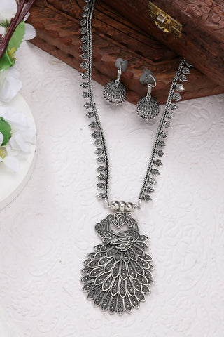 NVR Women's Silver-Toned Peacock Design Oxidized Necklace with Jhumka Earrings - Distacart