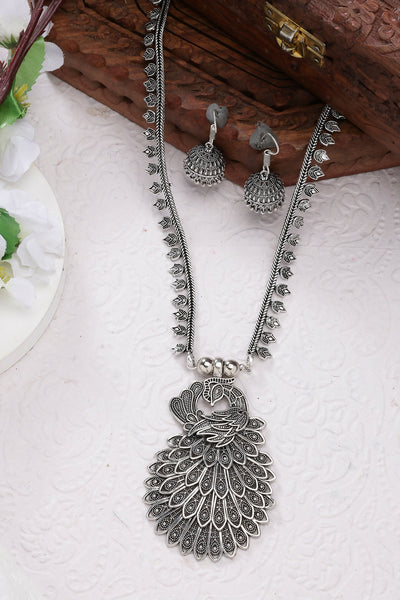 NVR Women's Silver-Toned Peacock Design Oxidized Necklace with Jhumka Earrings - Distacart
