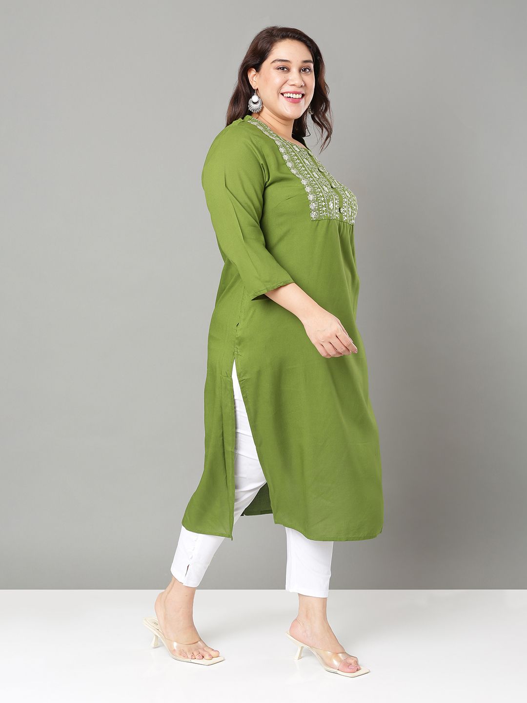 Sztori Plus Size Floral Yoke Design Mirror Work Straight Kurta - Distacart