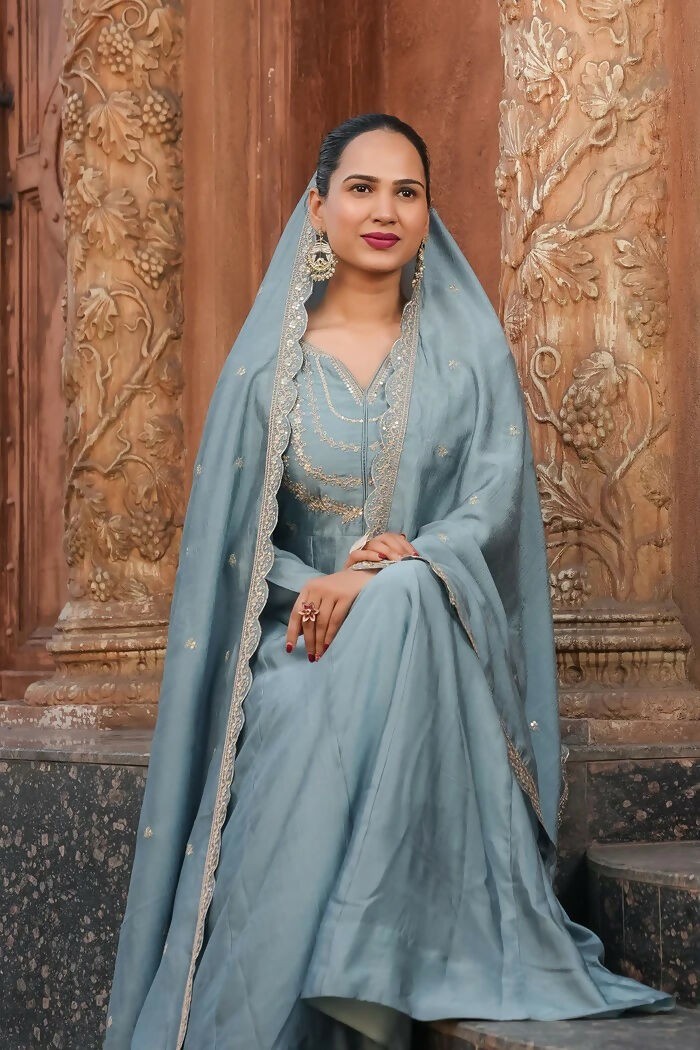 The52 Teal Blue Women's Gorgeous Vichitra Silk Fabric Embroidered Work Flared Anarkali Pant and Dupatta Set
