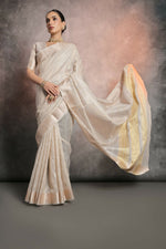 Thumbnail for Vishnu Weaves Women's Cream Tissue Linen Zari Woven Saree with Blouse - Distacart