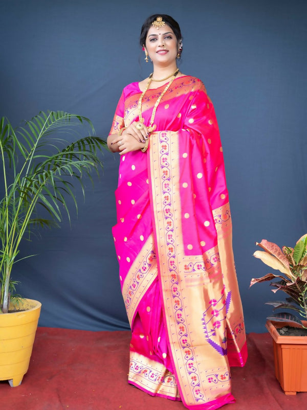 Jyoti Fashion Women's Pink Paithani Silk Zari Woven Saree with Blouse - Distacart